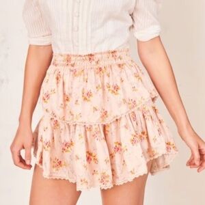 LoveShackFancy Silk Ruffle Mini Skirt – Blush Floral
